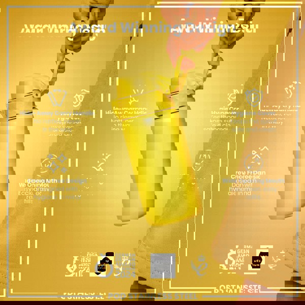 A yellow stainless steel water bottle is held; its features include a hide-away handle, hygiene cover, and crevice-free design. It is an award-winning design.