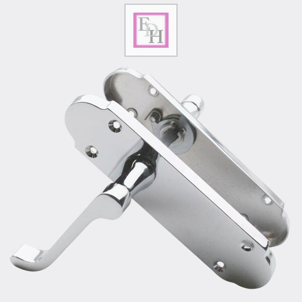 EDH Door Hardware Polished Chrome Victorian Scroll Door Handles on Shaped Backplate – 170mm x 40mm + Tubular Latch
