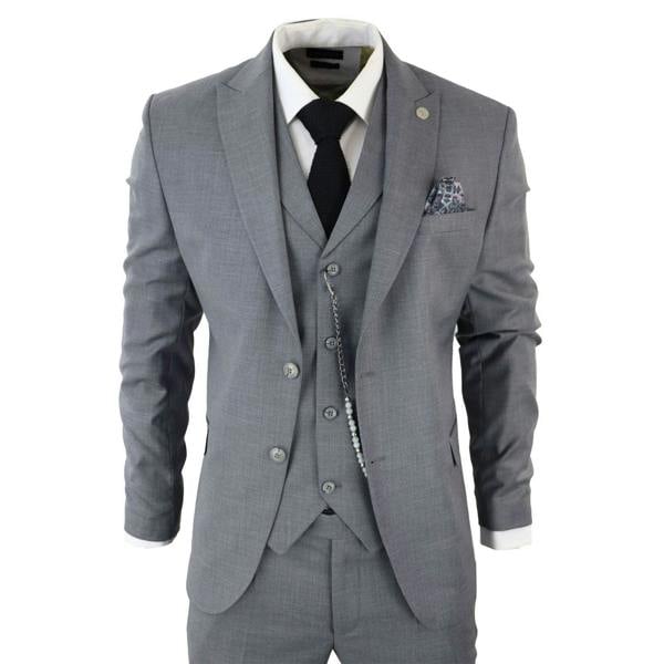 TruClothing Men's Classic 3-Piece Plain Grey Suit