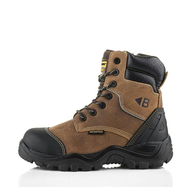 Buckbootz BSH008 Buckshot Mens High Leg Zip Up Safety Boots, rugged brown safety boot with black reinforced toe cap and waterproof feature.