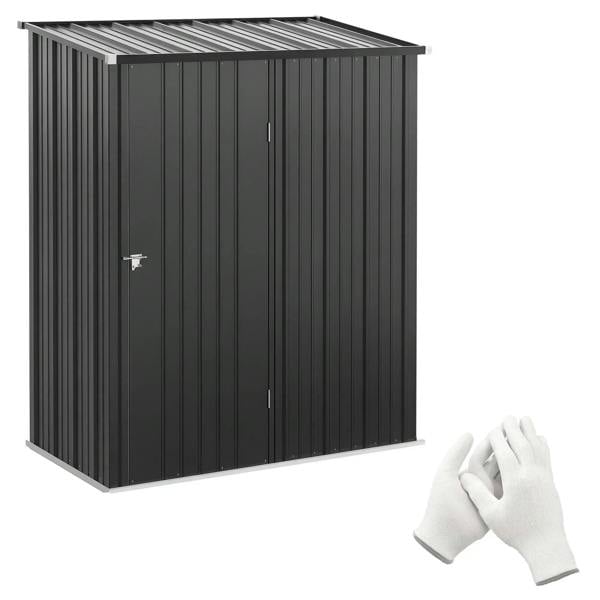 Black corrugated steel garden shed with single door and vertical handle