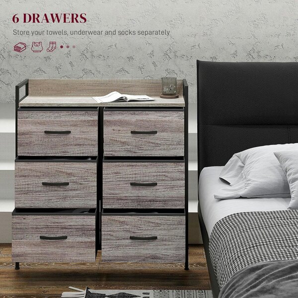 Wyld Haus Ferris Fabric And Wood Grey Wood Effect 6 Drawer Rustic Storage Chest