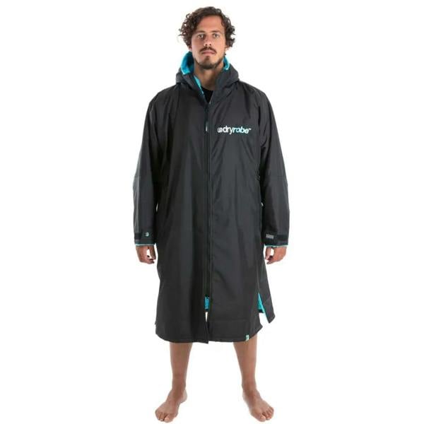 Black and teal Dryrobe Advance wetsuit jacket with hood and synthetic lambswool lining