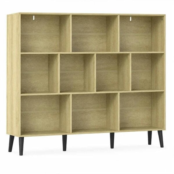 10-Cube Bookcase, 3-Tier Book Shelf with Solid Wood Legs, 140 cm Modern Bookshelf with Anti-Tip Kit, Oak