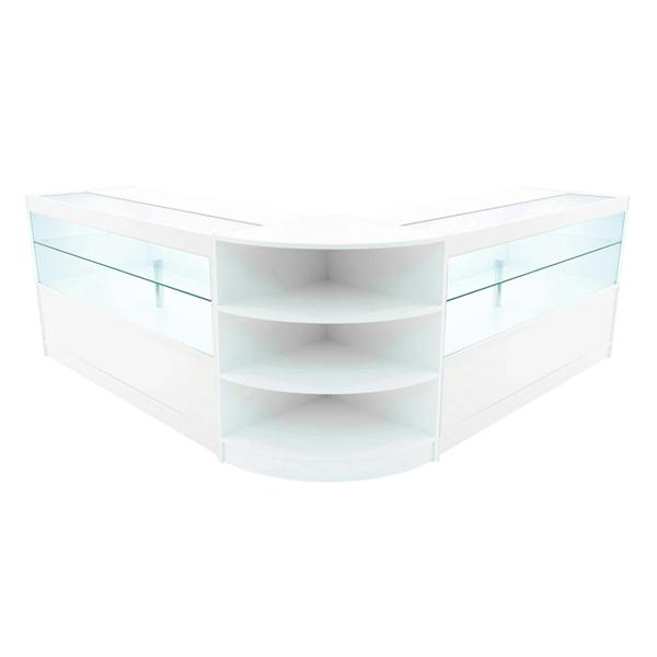 White Andromeda LED shop counter set with sleek glass displays, featuring a modern corner design and smooth surfaces for retail use