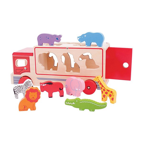 Bigjigs Toys Wooden Safari Sorting Lorry Toy - Includes 9 Wooden Animals