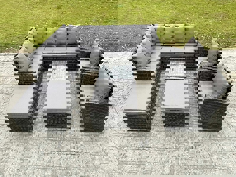 Fimous 10 Seater Outdoor Garden Furniture Set Wicker PE Rattan Corner Sofa Set with Square Coffee Table 2 Big Footstool 2 Armchairs Dark Grey Mixed