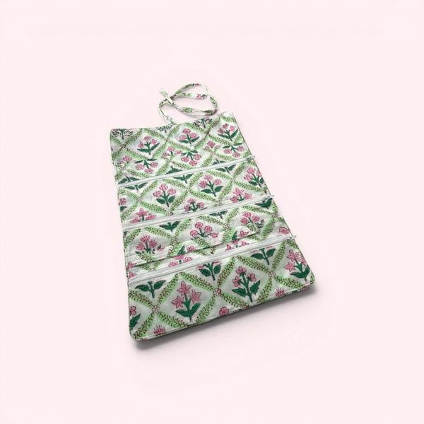 Hayley & Co Cotton Jewellery Roll - Green and Pink Block Print Floral