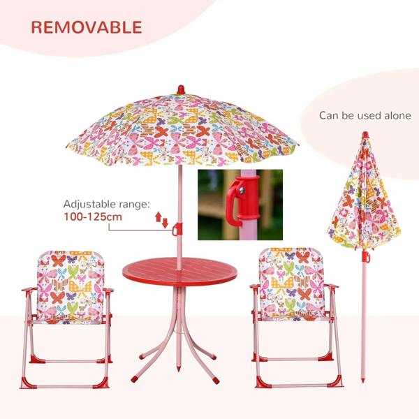 Height-adjustable butterfly umbrella with round red table and two patterned foldable chairs