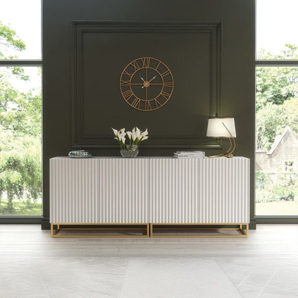 Mex Furniture Sophisticated White Sideboard with Fluted Fronts & Gold Legs – 200cm Storage Unit