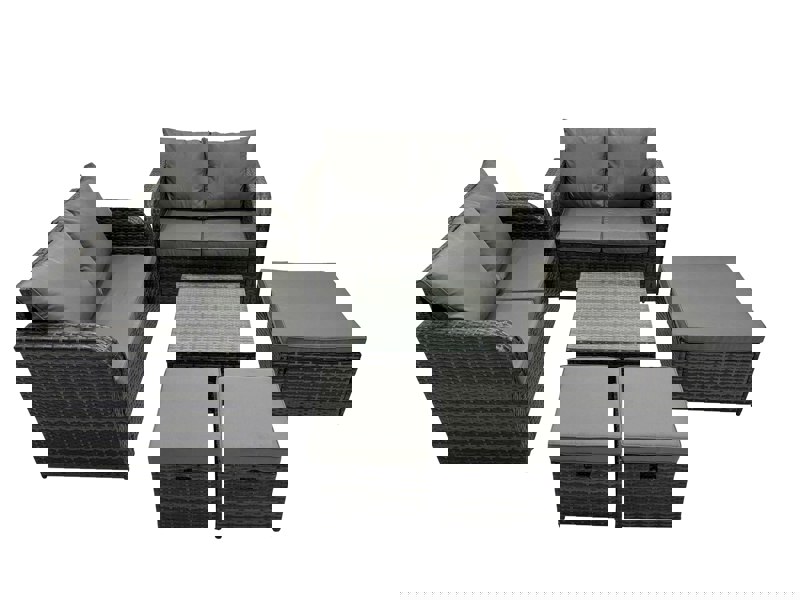 Fimous Rattan Garden Outdoor Furniture Set Love Sofa Square Coffee Table Set with 3 Stools Dark Grey Mixed