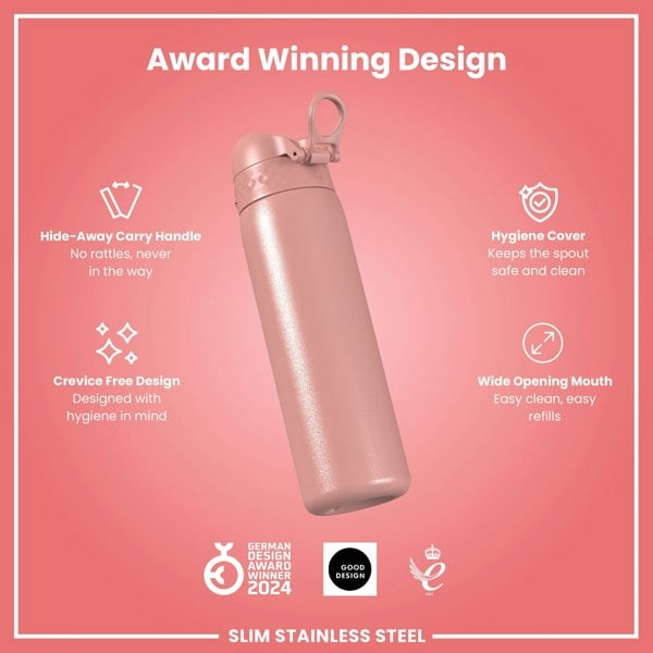ION8 Leak Proof Slim Water Bottle, Stainless Steel, Ash Rose, 600ml (20oz)