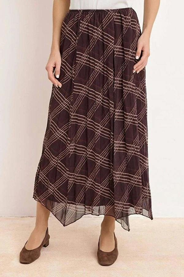 WOVCOR Chiffon Lined Asymmetrical Maxi Skirt with Elastic Waist and Plaid Hem