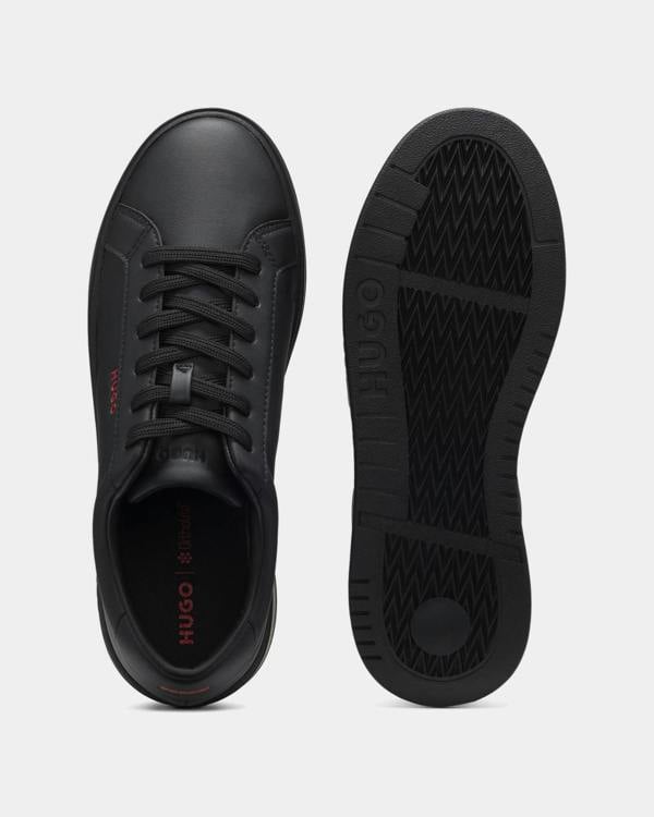 HUGO Neston Mens Contrast-Logo Trainers in Faux Leather - Black 003 | CHO | Designer Mens Trainers
