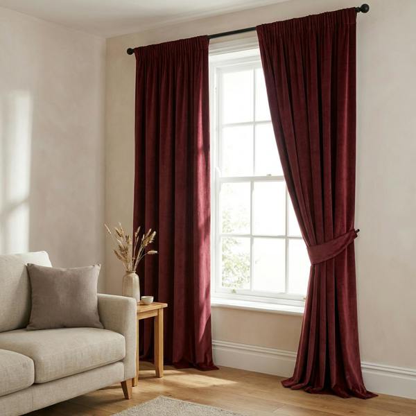 Tuvalu made-to-measure curtains in Cherry, styled in a living room
