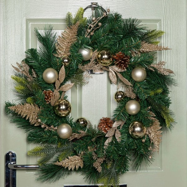 Samuel Alexander 60cm Hanging Christmas Wreath with Gold Baubles, Pinecones & Glitter Berries