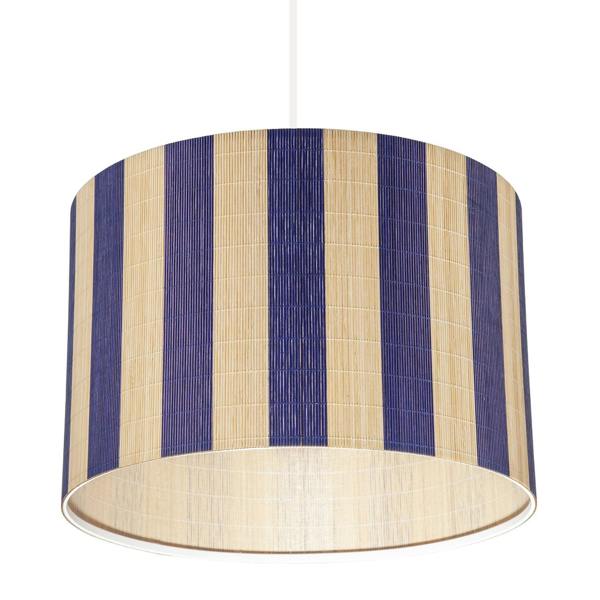 Chic Natural Brown Bamboo Lamp Shade with Navy Midnight Blue Stripes Image 5