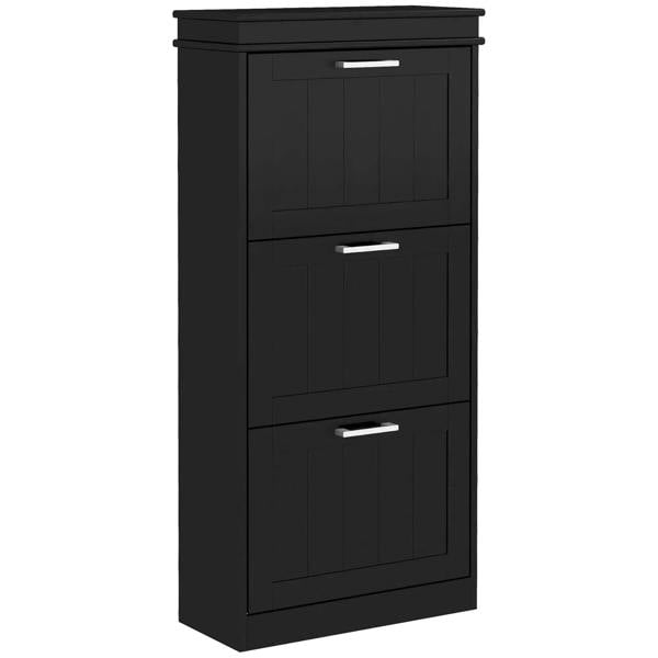 Black three-drawer shoe cabinet front with three silver bar handles