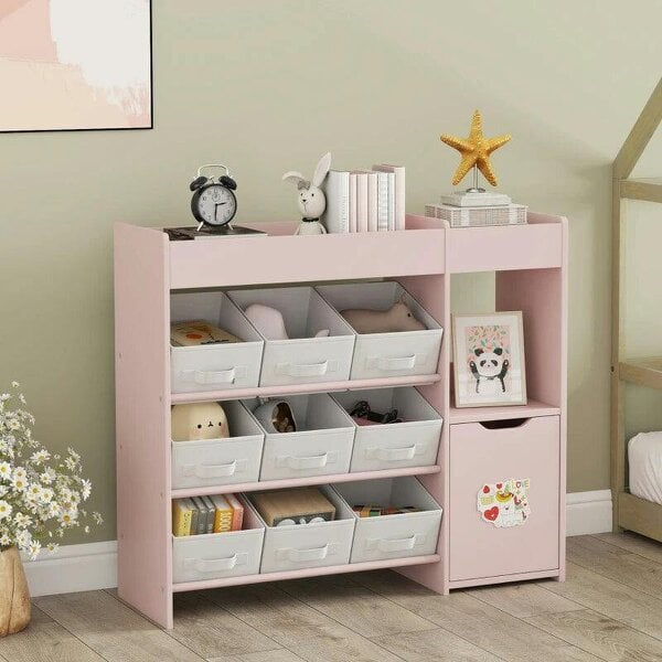 Bobobiy Kids Toy Storage, 9 Removable Fabric Bins, Wooden Toy Storage Units for Toys and Books for Bedroom, Nursery, Pink