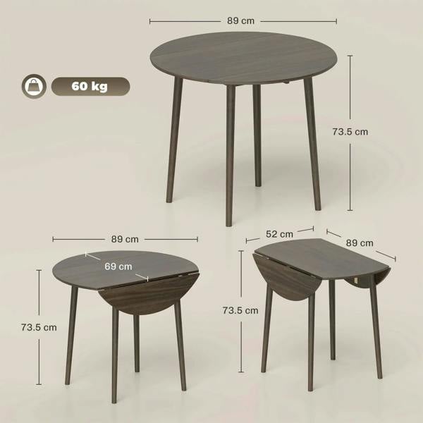 Grey round drop-leaf folding dining table with wood legs, size and angle diagrams