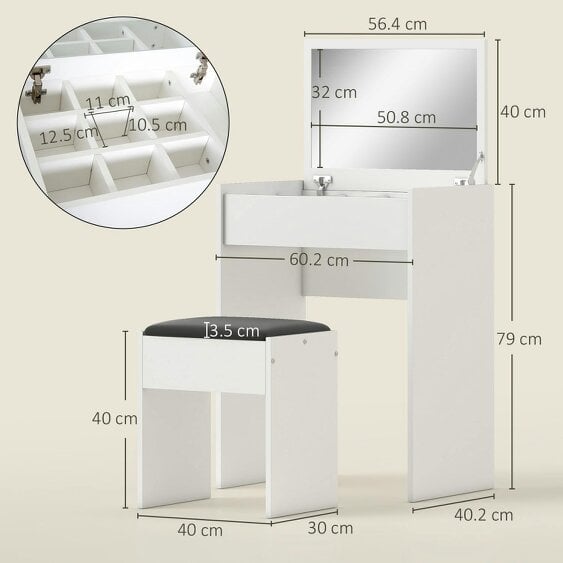 Wyld Haus Nolena White Wood Vanity Table With Flip Up Mirror Padded Stool And Storage