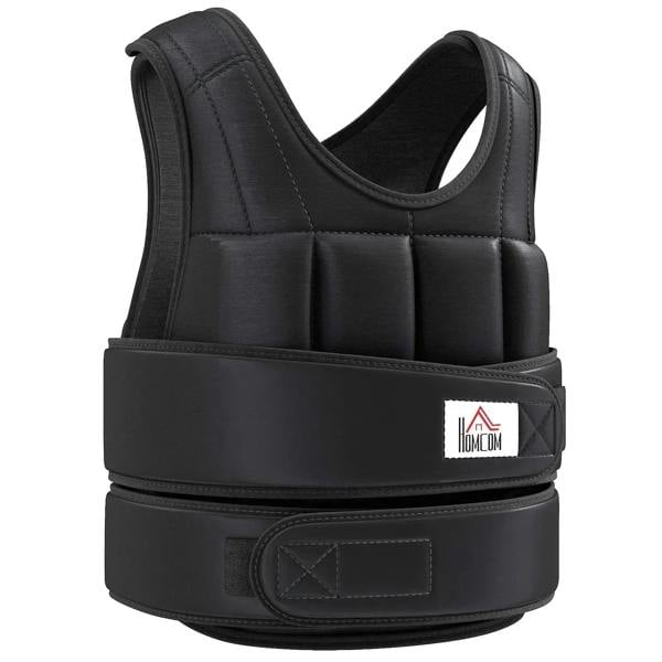 Black adjustable weighted vest with padded straps and front weight pockets