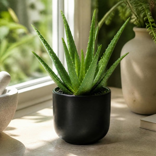 Aloe Vera Plant 12cm Pot for Indoors - Medicinal Houseplant - Matt Black Ceramic Pot - 1