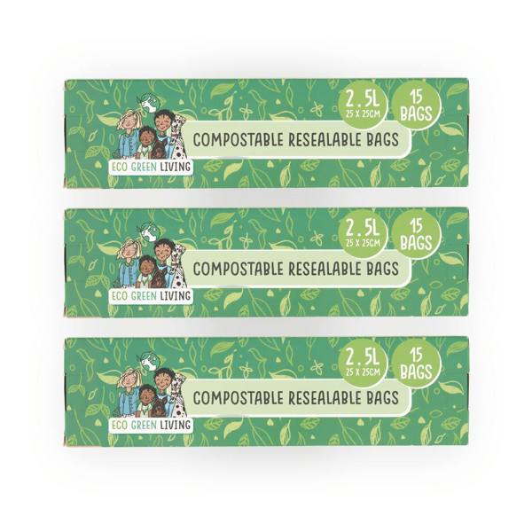 Eco Green Living Compostable Resealable Zip lock Bags Large | 2.5 Litre | 3 Packs | (45 bags)
