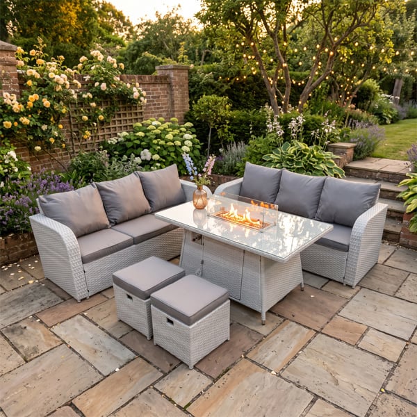 Fimous Outdoor Garden Furniture Sets 8 Seater Wicker Rattan Furniture Sofa Sets with Fire Pit Dining Table high Back Lounge Sofa Stools Light Grey