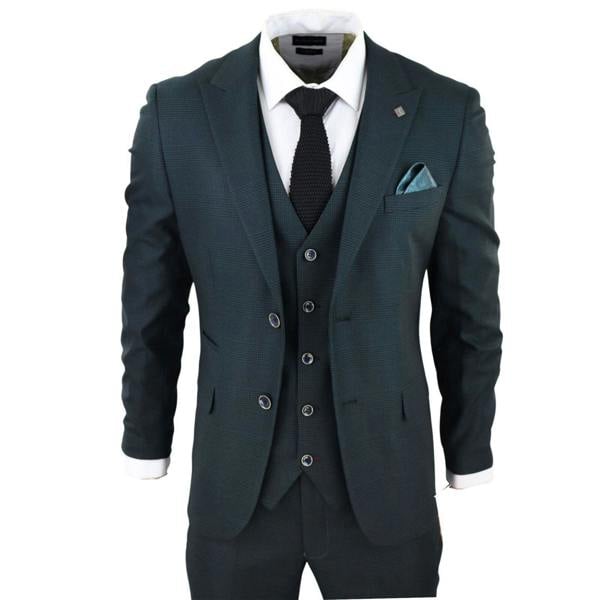Paul Andrew Mens Olive Green 3 Piece Check Tailored Fit Suit
