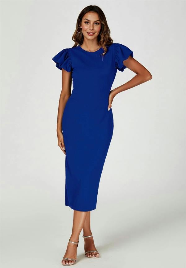 FS Collection Volume Sleeve Bodycon Midi Dress In Royal Blue