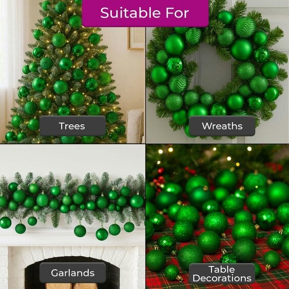 Neo Green 36 Christmas Tree Ornaments Set Baubles Glitter Balls Holiday Festive Decorations Assorted Sizes Colours Home Party Décor