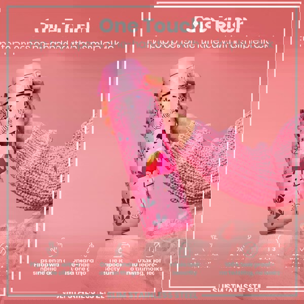 A pink, flamingo-decorated water bottle is held; its flip top opens one-handed. The bottle is slim stainless steel, leakproof, and features triple lock security.