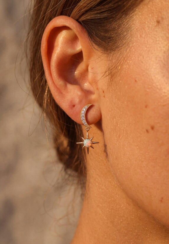 Latelita Crescent Moon And Starburst White Opal Drop Earrings Gold