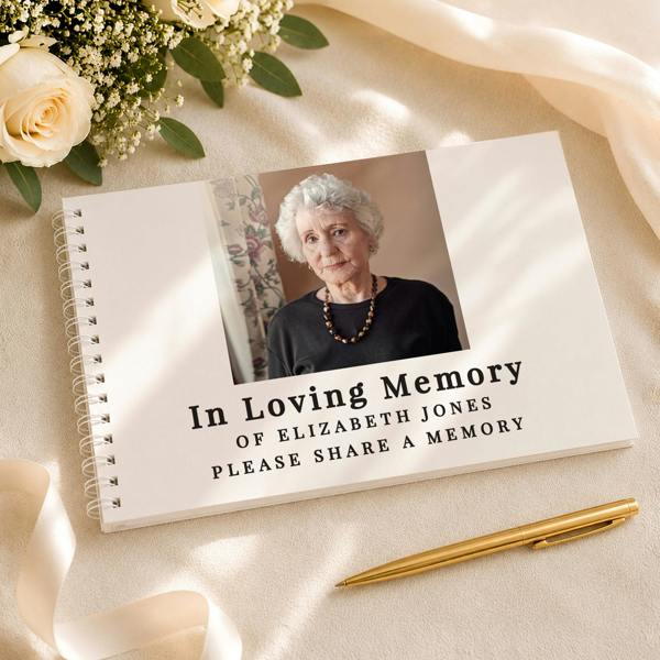 Personalised Photo Upload Guest Book featuring a memorial portrait photo and In Loving Memory text styled by Abode Home & Gifts