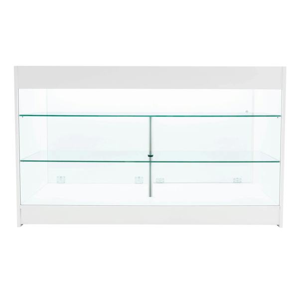 White Apollo LED shop counter set featuring a sleek design with glass shelves, perfect for displaying merchandise in retail spaces