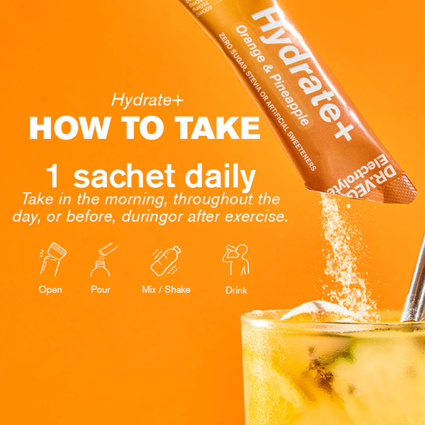 Dr Vegan Hydrate+ Orange & Pineapple Electrolytes. 15 sachets