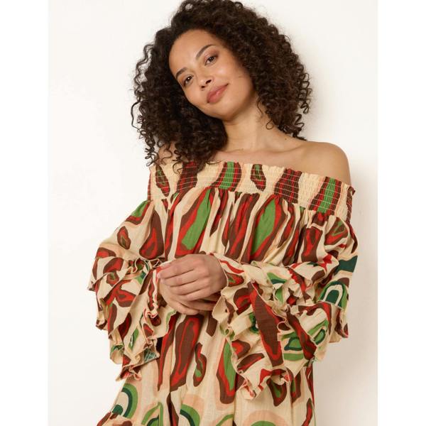 Blue Vanilla Printed Frill Sleeve Bardot Off Shoulder Tunic Dress