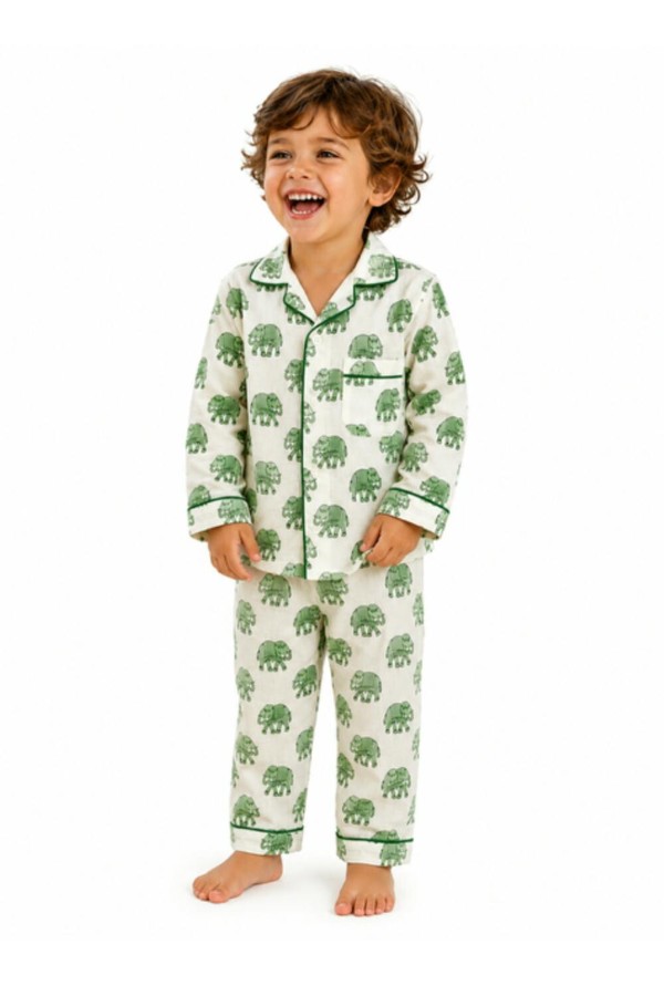 Kids Elephant print pyjamas in woodblock print cotton voile. Available in pink, blue & Green