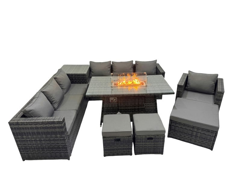 Fimous 10 Seater Garden Outdoor Rattan Furniture Set Patio Corner Sofa Gas Fire Pit Dining Table with Side Table 3 Stools Dark Grey
