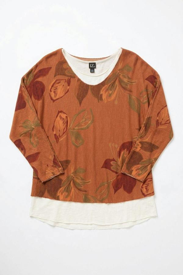 Orange | Leaf Print Layered Long Sleeve Top
