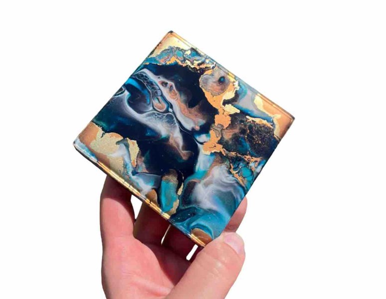 Kate Chesters Art Blue Bronze Gold Abstract Art Set of 4 Drinks Coasters