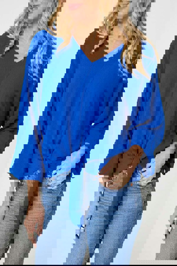 Blue | Knot Front Relaxed 3/4 Sleeve Blouse