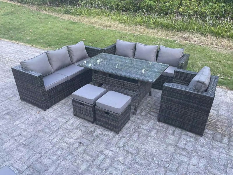 Fimous Outdoor Lounge Sofa Garden Furniture Set Rattan Rectangular Dining Table Patio Chair with 2 Small Footstool 9 Seater Dark Grey Mixed