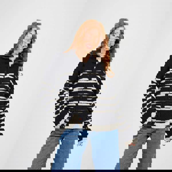 Brave Soul Black Stripe Zip Through Fisherman Knit Jumper - Black Image 1