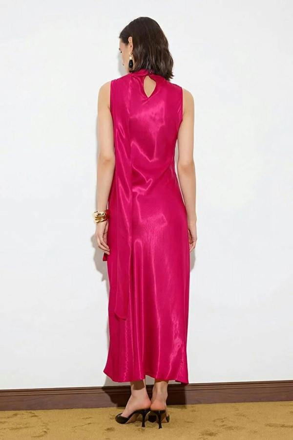 WOVCOR Satin Midi Dress with Scarf Detail
