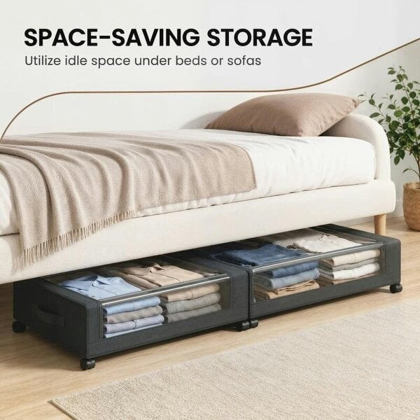 Bobobiy 40L Under Bed Storage On Wheels Pack of 2, Fabric Rolling Under Bed Drawers with Clear Lid, Zip, Steel Frame, Black
