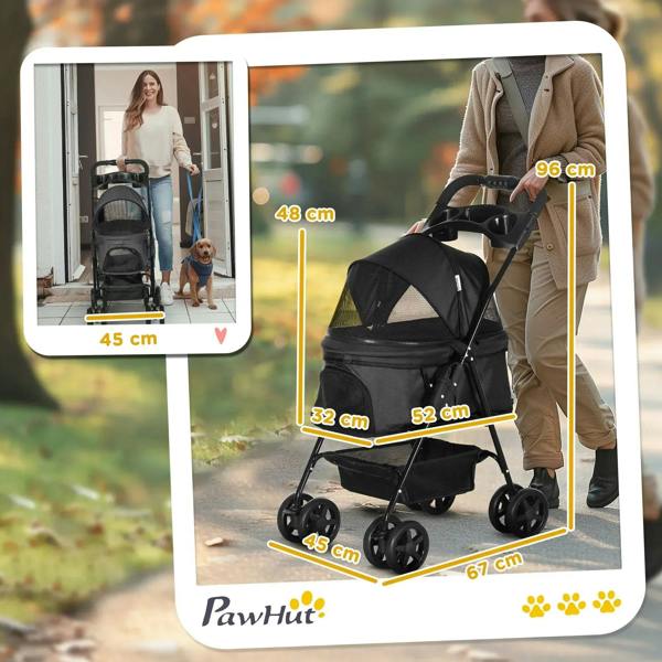 Black foldable dog stroller with canopy, shown being placed into a car trunk