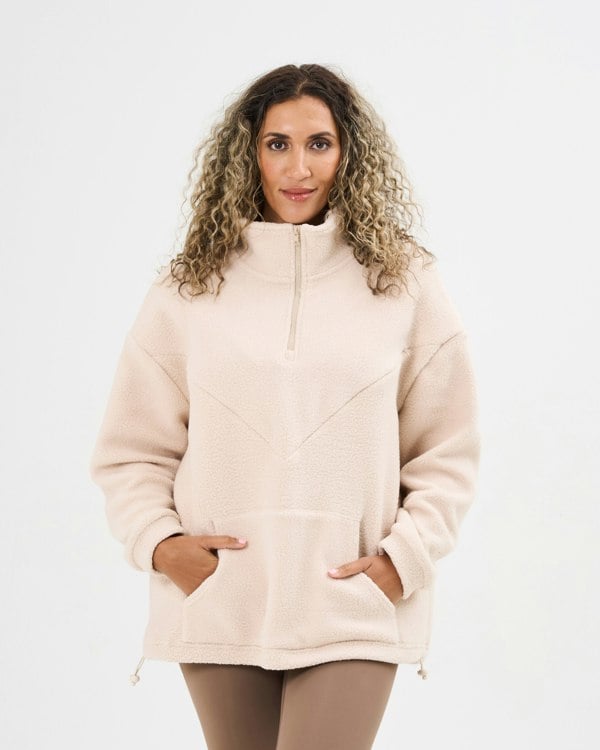 Pretty Mama Cosy Quarter Zip Oversized Breastfeeding Fleece with Pocket - Beige
