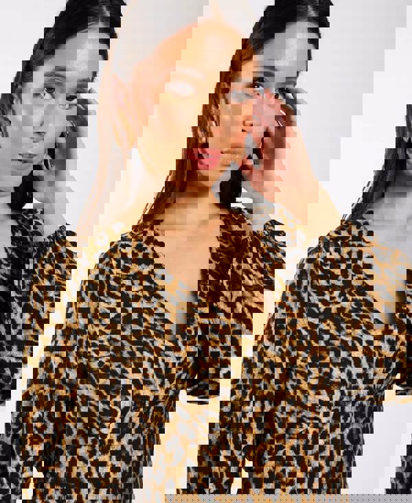 Brown Animal Printed Long Sleeve Midi Dress details